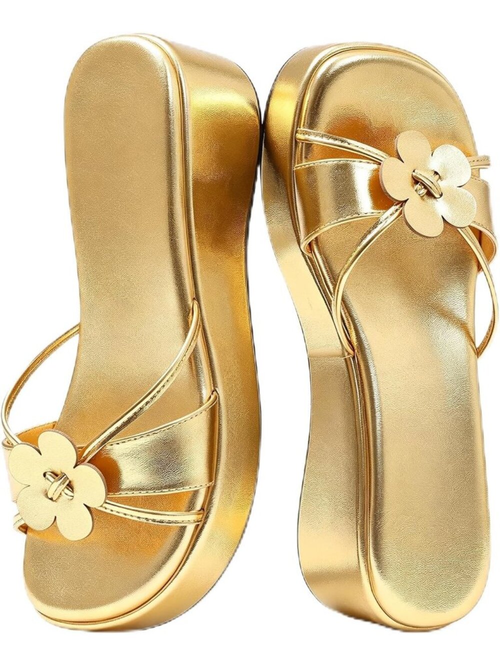Women's Gold Faux Leather Comfortable Chunky Floral Square Toe Wedge Sandals